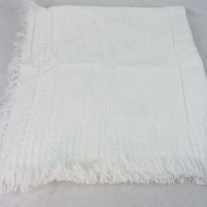Vintage Baby Blanket Crib Receiving Textured White Woven Fringe 39" x 39"  USA